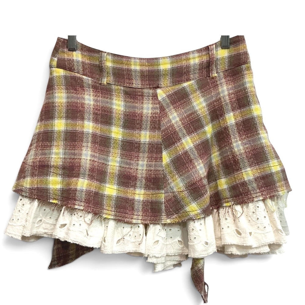Free People Country Belle Plaid Mini Skirt Eyelet Ruffle Cottagecore NWT 4 / S - Picture 2 of 7
